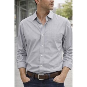 Neiman Marcus Men's Trim Fit Button Up Shirt‎ Large 16.5 Gray Silver Long Sleeve